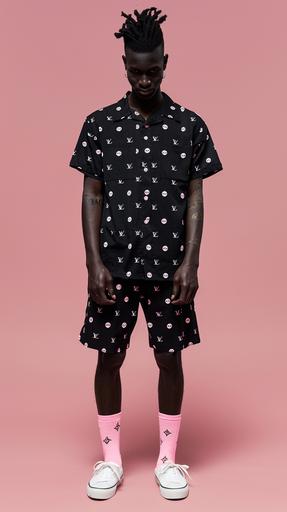 Black Male Model wearing a black short sleeve dress shirt and shorts set with an all over small pink smiley faces pattern. casual white sneakers, pink crew socks, Pink background, super realistic, Louis Vuitton inspired --ar 9:16 --v 6.0
