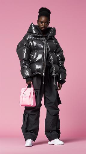 Black female Model wearing a dark grey shiny puffy oversized puffer jacket, super baggy black cargo pants, white casual sneakers holding a super simple minimal pink leather handbag, Pink background, super realistic, Louis Vuitton inspired, High end fashion --ar 9:16 --v 6.0