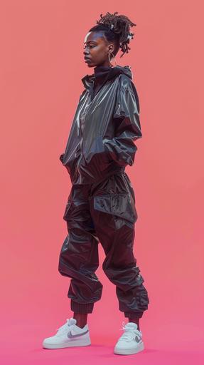 Black female Model wearing a dark grey shiny windbreaker 80s style, super baggy straight leg black cargo pants, white casual sneakers, the pants covering 75% of the sneakers, Pink background, super realistic, Louis Vuitton inspired, High end fashion --ar 9:16 --v 6.0