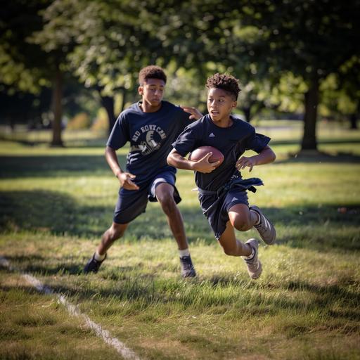 Black teen boy Throwing a football over another black teen boy in pursuit, they are both wearing Navy Blue t-shirts and Navy blue shorts, and flag football flags around their waists, photo realistic, natural lighting s750, dslr camera --v 6.0