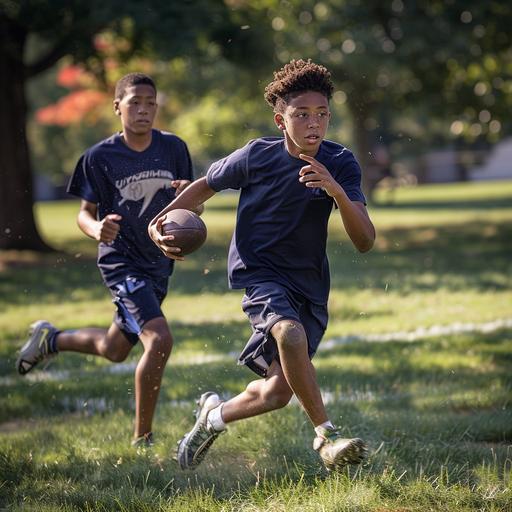 Black teen boy Throwing a football over another black teen boy in pursuit, they are both wearing Navy Blue t-shirts and Navy blue shorts, and flag football flags around their waists, photo realistic, natural lighting s750, dslr camera