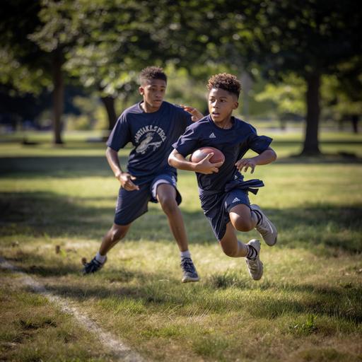 Black teen boy Throwing a football over another black teen boy in pursuit, they are both wearing Navy Blue t-shirts and Navy blue shorts, and flag football flags around their waists, photo realistic, natural lighting s750, dslr camera --v 6.0