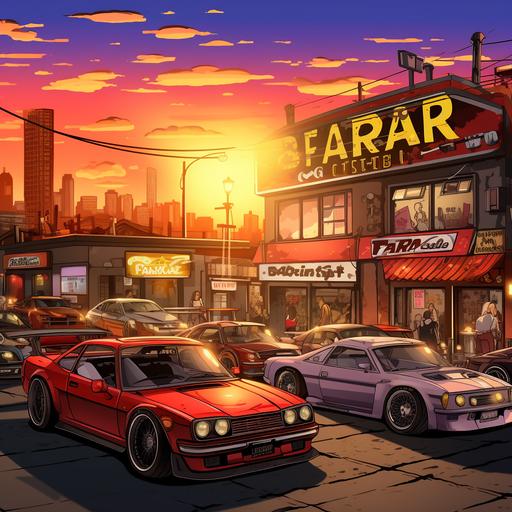 GTA comic style, car rally of many modified cars, in the background a crowded industrial lounge bar with a sign reading 