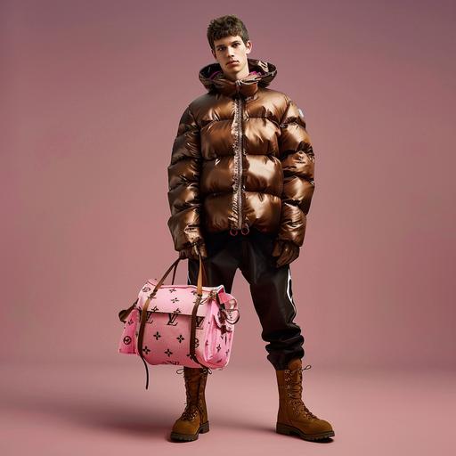Male model wearing a brown puffy jacket, Black baggy pants, Brown boots, holding a pink Louis Vuitton bag, Pink background Photo realistic