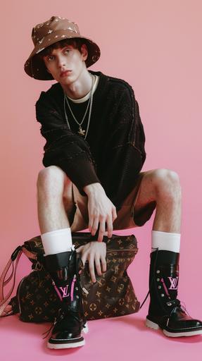 White male model wearing a brown leather Louis Vuitton bucket hat, a black knit sweater, Brown shorts, white socks, Black high boots with pink laces, a black and pink Louis Vuitton Duffle bag sittin on the floor near his feet, Pink background --ar 9:16 --v 6.0