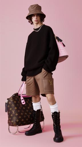 White male model wearing a brown leather Louis Vuitton bucket hat, a black knit sweater, Brown shorts, white socks, Black high boots, a black and pink Louis Vuitton Duffle bag sittin on the floor near his feet, Pink background --ar 9:16 --v 6.0