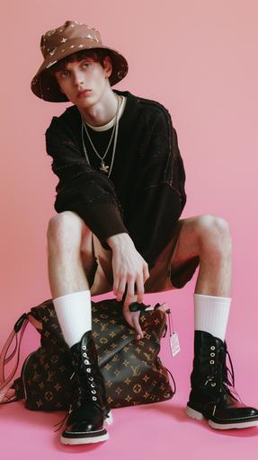White male model wearing a brown leather Louis Vuitton bucket hat, a black knit sweater, Brown shorts, white socks, Black high boots, a black and pink Louis Vuitton Duffle bag sittin on the floor near his feet, Pink background --ar 9:16 --v 6.0