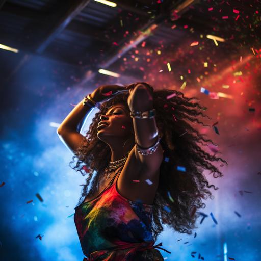 a beautiful African American woman dances in an empty nightclub, above her head a strobe reflecting red, green and blue lights, golden confetti falls from the ceiling, dark background with neon light mixed smoke effect