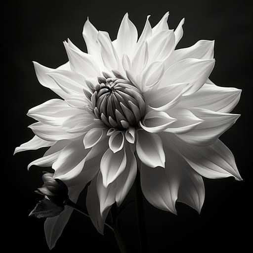 black and white dahlia with dark lighting shadows sharp image moody