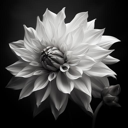 black and white dahlia with dark lighting shadows sharp image moody
