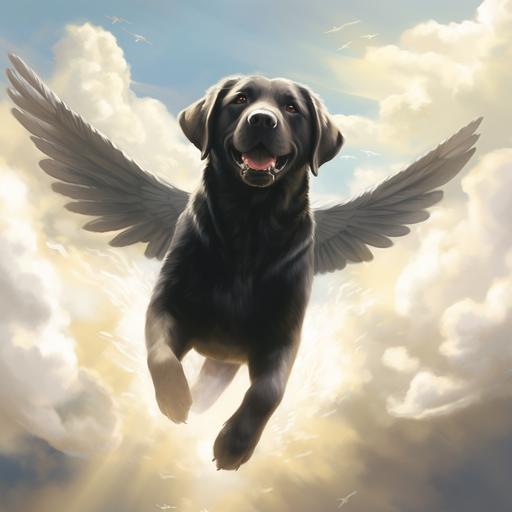 cute little old black lab with white angel wings going up to heaven with the sun shining through the clouds --seed 2222