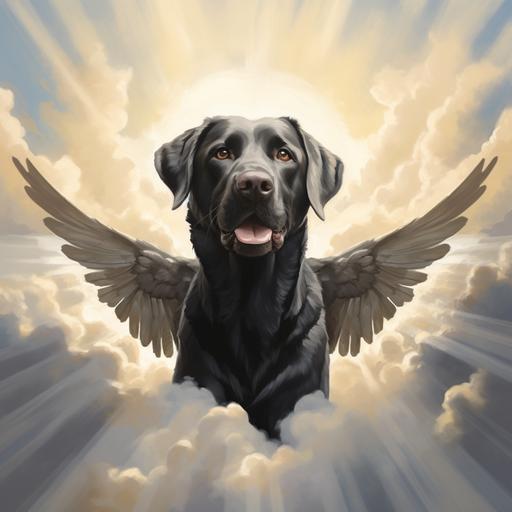 cute little old black lab with white angel wings going up to heaven with the sun shining through the clouds --seed 2222