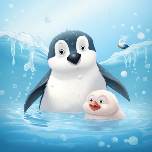 cute polar bear and penguin Disney cartoon style in ice cold water