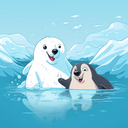 penguin and polar bear in ice cold water cartoon style