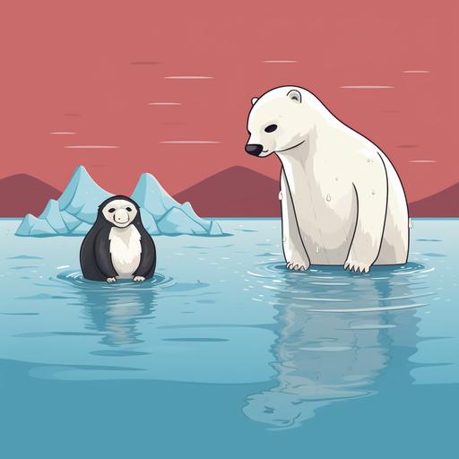 penguin and polar bear in ice cold water cartoon style