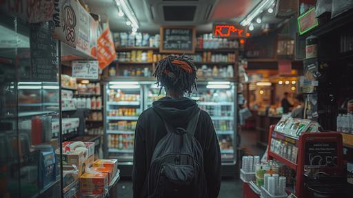 skinny black guy with dreads buying food from a NYC bodega cashier , you only see his back, super wide shot, you see a lot of the store interior lighting is very dark and moody --s 750 --style raw --ar 16:9
