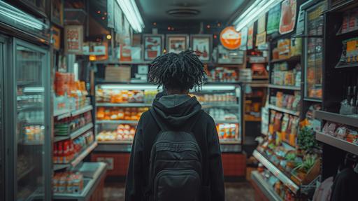 skinny black guy with dreads buying food from a NYC bodega cashier , you only see his back, super wide shot, you see a lot of the store interior lighting is very dark and moody --s 750 --style raw --ar 16:9 --v 6.0
