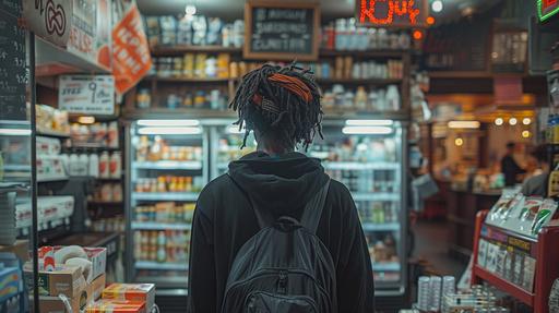 skinny black guy with dreads buying food from a NYC bodega cashier , you only see his back, super wide shot, you see a lot of the store interior lighting is very dark and moody --s 750 --style raw --ar 16:9