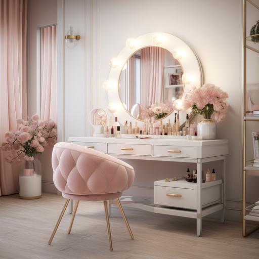 a pink, white and gold studio with eyebrow and lash design with chair and modern mirror that shows a cozy and prosperous environment + foto taken by EOS R5 with RF 24-105mm f leans + hyper realistc + profissional lighting --v 5.2