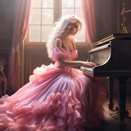A woman dressed in pink playing the piano