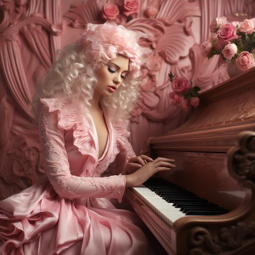 A woman dressed in pink playing the piano