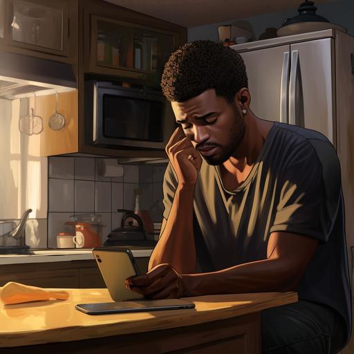 an african american man sitting in his kitchen looking at his cell phone. It's as if he's debating whether or not to make a difficult phone call.