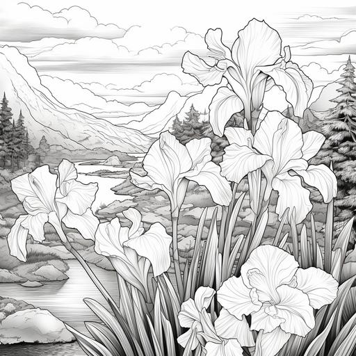 Simple coloring book style, high detail, no shading, high contrast, black and white, Iris and scene illustration--ar 9:11