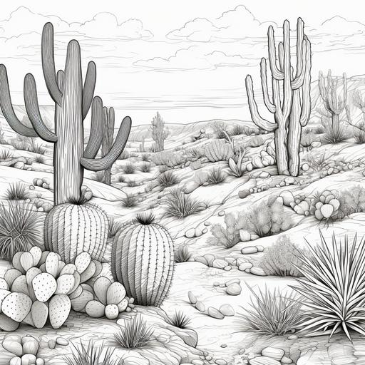 Simple coloring book style, high detail, no shading, high contrast, black and white, Golden Barrel Cactus and scene illustration--ar 9:11