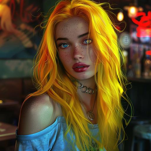 imagine/Create a hyperreal image of a woman with striking looks: Age: 30 years old Ethnicity: Caucasian Build: Athletic and strong Eyes: Deep blue Hair: Long, exceptionally thick crimson yellow blonde hair, long enough to reach to her waist. Give her more hair than is realistic - literally twice as much hair as would be normal, and make is a little tousled. Clothing: Scoop neck t-shirt Accessories: silver dog collar necklace that closely fits her neck Background: Roadhouse with live music Additional details: She is glowing with perspiration.
