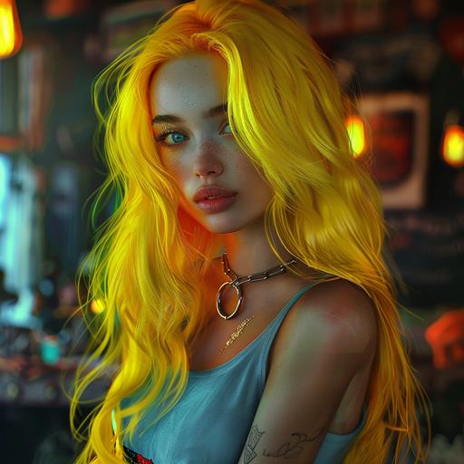 imagine/Create a hyperreal image of a woman with striking looks: Age: 30 years old Ethnicity: Caucasian Build: Athletic and strong Eyes: Deep blue Hair: Long, exceptionally thick crimson yellow blonde hair, long enough to reach to her waist. Give her more hair than is realistic - literally twice as much hair as would be normal, and make is a little tousled. Clothing: Scoop neck t-shirt Accessories: silver dog collar necklace that closely fits her neck Background: Roadhouse with live music Additional details: She is glowing with perspiration.