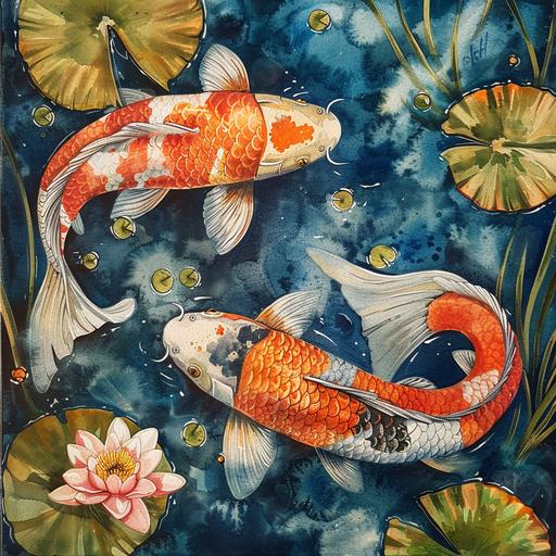 Koi fish in water, with lily pads , water colour,