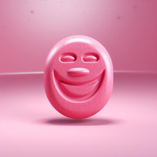 Ecstasy rounded pink pill with with engraved smile created in 3d style with 80s texture and grain