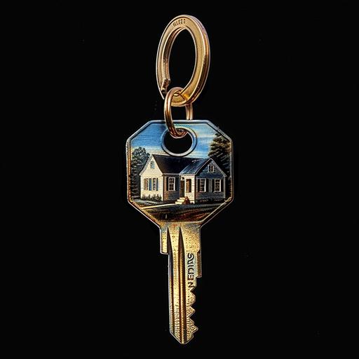 House key floating. 1980s American advertising illustration style with airbrush technique with black background