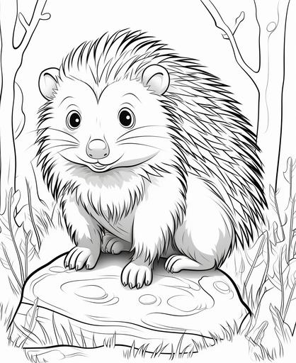 coloring page for young age, porcupine, cartoon style, thick line, low detailm no shading --ar 9:11