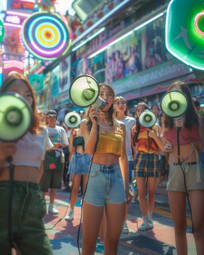 a group of young asian women promoting their restaurant with megaphones, in front of a shopping mall, downtown bangkok, 2024, realistic, modern times, pleasant tourist crowd --ar 4:5 --v 6.0 --s 250