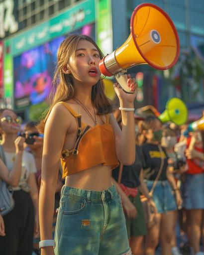 a group of young asian women promoting their restaurant with megaphones, in front of a shopping mall, downtown bangkok, 2024, realistic, modern times, pleasant tourist crowd --ar 4:5 --v 6.0 --s 250