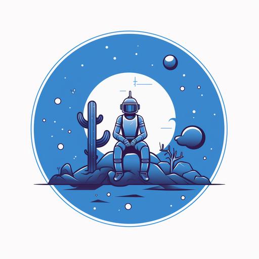 AI theme, space cowboy theme. Cartoon graphic outline style. Create it as if it were made with adobe illustrator. Simple, sleek, basic, blue color. With cactus in desert.