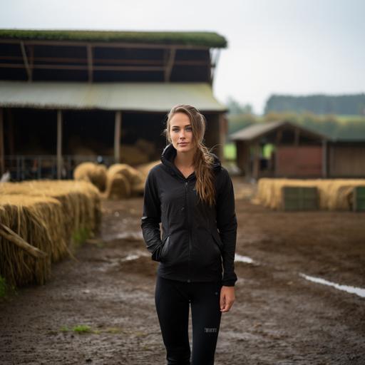 in the courtyard of a farm, a 25-year-old woman, dressed in sportswear: black leggings, sports top, black hoodie sweater, tall rubber boots, happy, waiting for her boyfriend who is not arriving. She is standing, looking towards to the barn. Fields are visible in the distance, stable in background, everything is wet, September, morning, natural light, realistic 4K photo, shot on film.