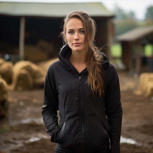 in the courtyard of a farm, a 25-year-old woman, dressed in sportswear: black leggings, sports top, black hoodie sweater, tall rubber boots, happy, waiting for her boyfriend who is not arriving. She is standing, looking towards to the barn. Fields are visible in the distance, stable in background, everything is wet, September, morning, natural light, realistic 4K photo, shot on film.