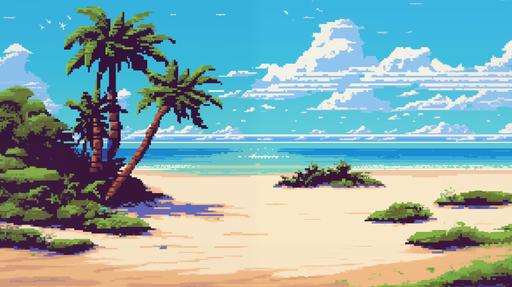24-bit pixel art of a sandy beach in south east asia, bright blue sky, focus on the sandy beach --ar 16:9 --v 5.2