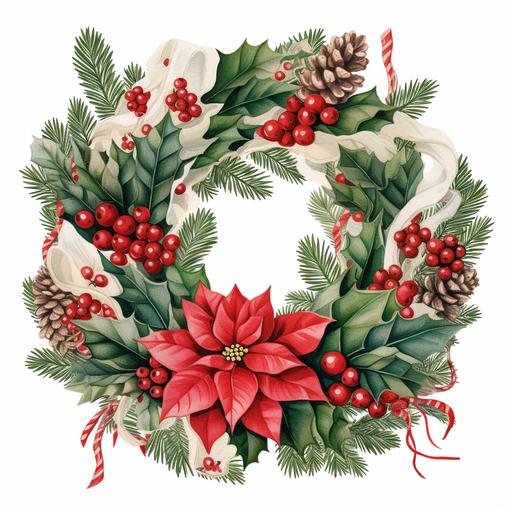 christmas wreath illustration, on white background, lush colours, HD, ultra high definition, ultra high resolution, 8k, 4k, High-sharpness --v 5.2 --ar 1:1