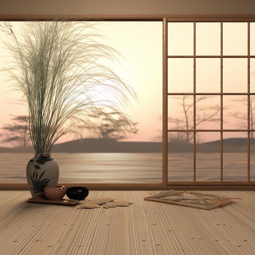 A virtual background representing a traditional Japanese New Year (Shogatsu). The image should feature iconic elements such as a kadomatsu (pine decoration) at the entrance, a shimenawa (sacred rice straw rope) across the top, and perhaps a kakizome (first calligraphy of the year) in the background. The setting should be serene and peaceful, reflecting the tranquil spirit of the Japanese New Year, with a hint of snow suggesting a winter atmosphere. Include elements like a rising sun or Mount Fuji in the distance for an authentic Japanese touch