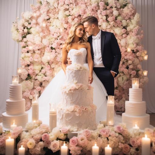 one white wedding cake, blonde bridal couple close to the cake table, white and light pink flowers big wall as backdrop, candles on the floor