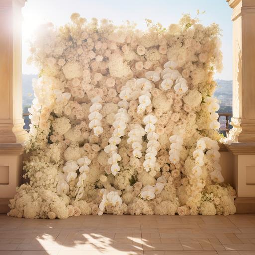white fresh flowers wall as a photo booth with a golden text 