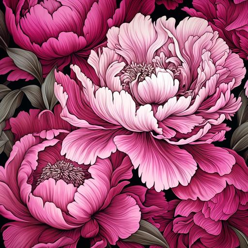 pink peony flower pattern, a modern pattern, in the dark pink background masterful shading, detailed shading, booru, opulent fabrics, maranao art, loose linework