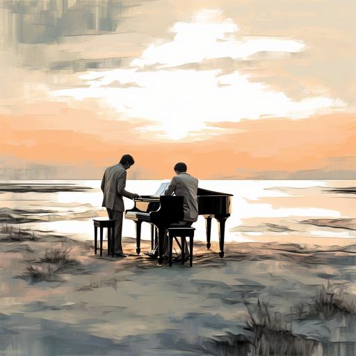 Piano Duo Harmony: Task the AI to create a small charcoal/pencil drawing featuring two grand pianos facing each other. Represent one piano as Chopin and the other as Brahms in a subtle and artistic manner. Choose a setting such as a beach at sunset, a concert hall, or a historic music hall to align with the CD title. Emphasize a harmonious and evocative atmosphere in the drawing.