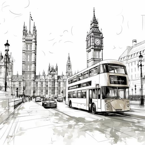atrwork London with bus and Big ben line drawing black and white