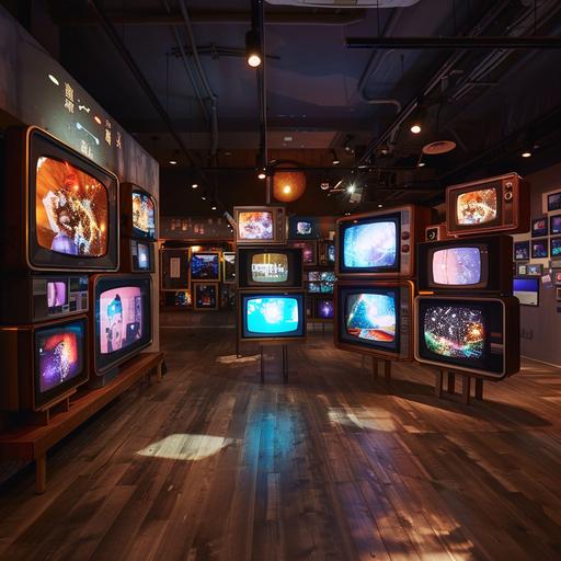 a 3D installation of retro TVs combine with photography displays and the prominent display of Fujifilm X100VI, retro, vintage vibe, classic, timeless of fuji film
