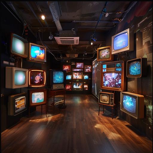 a 3D installation of retro TVs combine with photography displays and the prominent display of Fujifilm X100VI, retro, vintage vibe, classic, timeless of fuji film