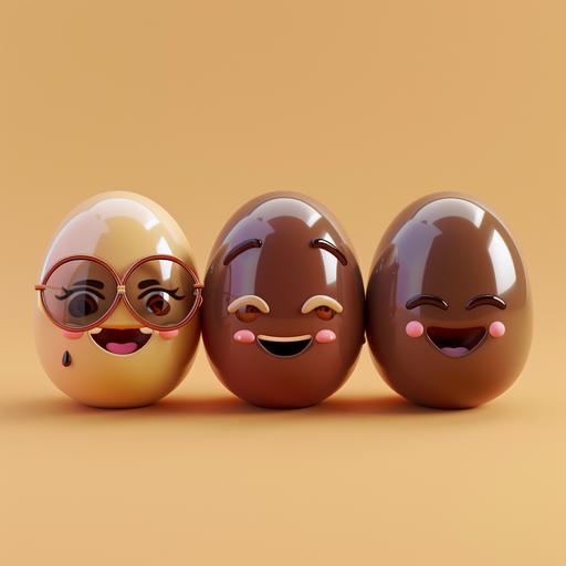 fun kawaii cute of five different baby cacao beans with round eyes smiley mouth like emoji, a bit japanese, soft 3D rendered, various emotion, wink, blink, hairy baby girl, baby bean with glasses